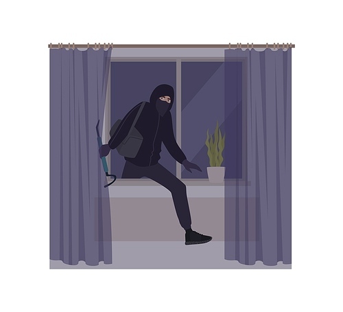 Male burglar wearing mask and hoodie breaking in house or apartment. Theft, burglary or housebreaking. Thief, burglar, criminal, housebreaker or outlaw. Flat cartoon colorful vector illustration