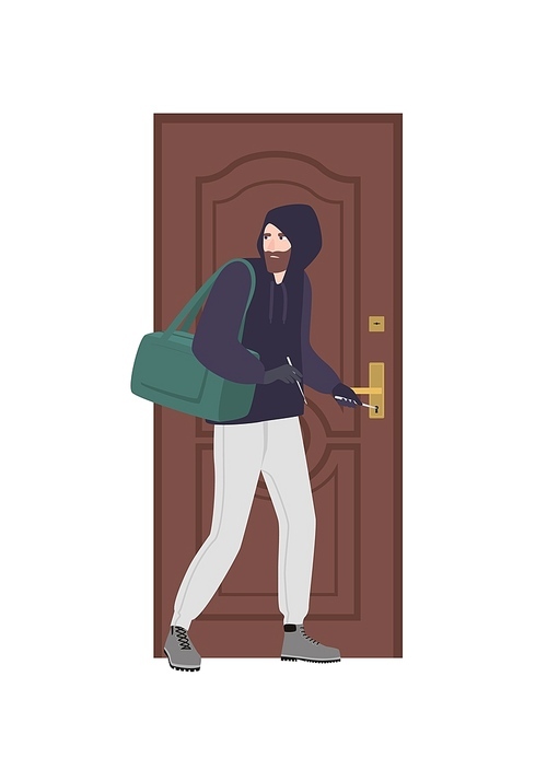 Male burglar wearing hoodie trying to unlock door with lock pick and break in house. Theft, burglary or housebreaking. Thief, burglar, criminal or outlaw. Flat cartoon colorful vector illustration