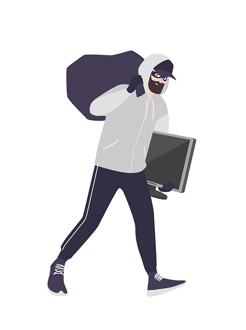 Cheerful male thief wearing mask, cap and hoodie carrying bag and TV. Bearded man commits theft, burglary or housebreaking. Burglar or criminal with loot. Flat cartoon colorful vector illustration