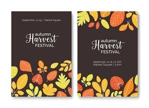 Bundle of flyer or poster templates for harvest festival announcement with colorful fallen autumn leaves or dried foliage. Flat cartoon vector illustration for seasonal event advertisement, promotion