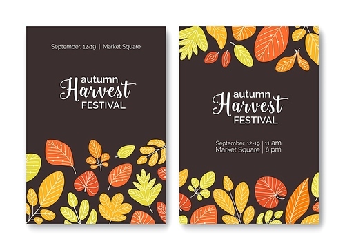 Bundle of flyer or poster templates for harvest festival announcement with colorful fallen autumn leaves or dried foliage. Flat cartoon vector illustration for seasonal event advertisement, promotion