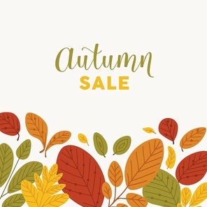 Square banner template decorated by fallen leaves or dried foliage at bottom edge and Autumn Sale lettering written with stylish font. Flat natural vector illustration for advertisement, promotion