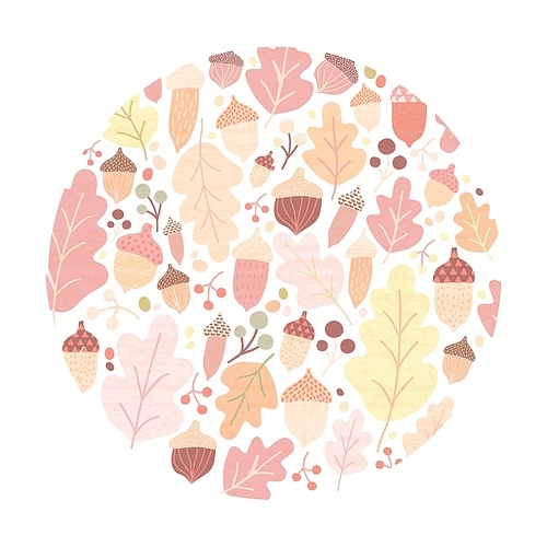 Circular autumn composition with fallen oak tree leaves, acorns and berries isolated on white . Decorative design element. Colorful seasonal vector illustration in modern flat style.