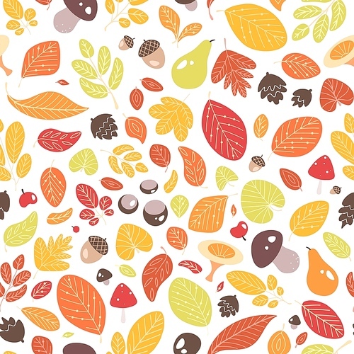 autumn seamless pattern with fallen leaves or dried foliage, acorns, fruits, nuts and mushrooms on  background. flat seasonal vector illustration for textile , wallpaper, wrapping paper