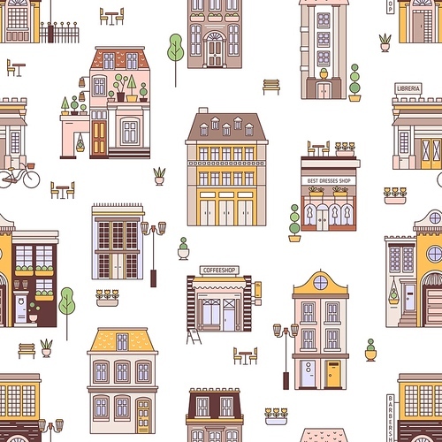 Seamless pattern with city buildings of elegant European architecture. Backdrop with residential houses and shops. Modern colorful vector illustration in linear style for wrapping paper, wallpaper