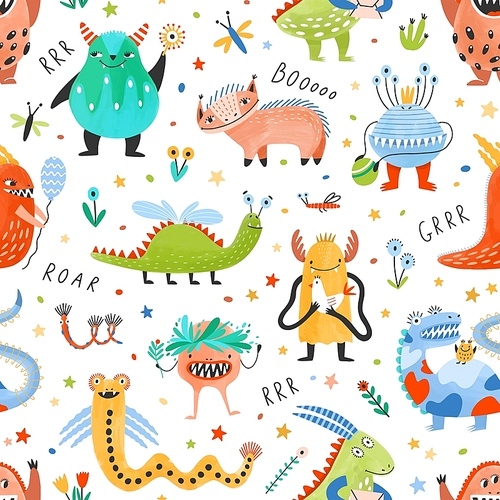 Seamless pattern with amusing fantastic monsters, fairytale creatures, fantastic beasts on white background. Flat cartoon childish vector illustration for wrapping paper, textile , wallpaper