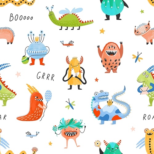 Seamless pattern with happy fantastic monsters, cute fairytale creatures, strange aliens, mutants on white background. Flat cartoon childish vector illustration for wrapping paper, textile print