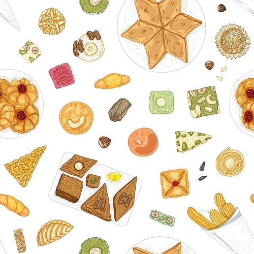 Hand drawn seamless pattern with traditional oriental confections or delicious pastry on white background. Elegant backdrop with delicious desserts for tea party. Vector illustration for fabric