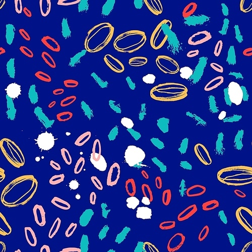 Abstract seamless pattern with colorful oval brush strokes on blue background. Stylish backdrop with paint marks, daub or stains. Hand painted vector illustration for textile , wrapping paper