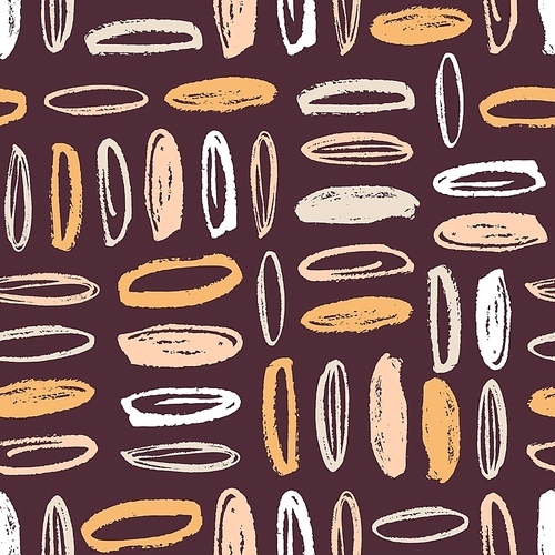 Artistic seamless pattern with vertical and horizontal rows of colorful oval stains on brown background. Modern backdrop with rounded paint marks. Abstract vector illustration for wrapping paper
