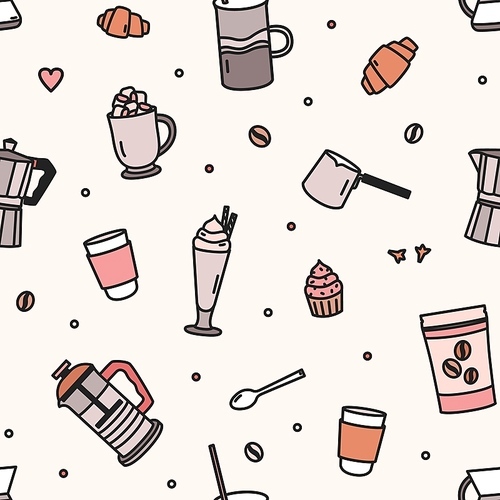 Seamless pattern with pastry, milkshake, tools and utensils for coffee brewing on light background. Colorful vector illustration in line art style for wrapping paper, textile print, wallpaper