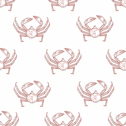 Sea crab vector seamless pattern. Underwater animal, hand drawn marine crayfish on pastel background. Restaurant seafood. Crustacean, sea creature with pincers wrapping paper, wallpaper textile design