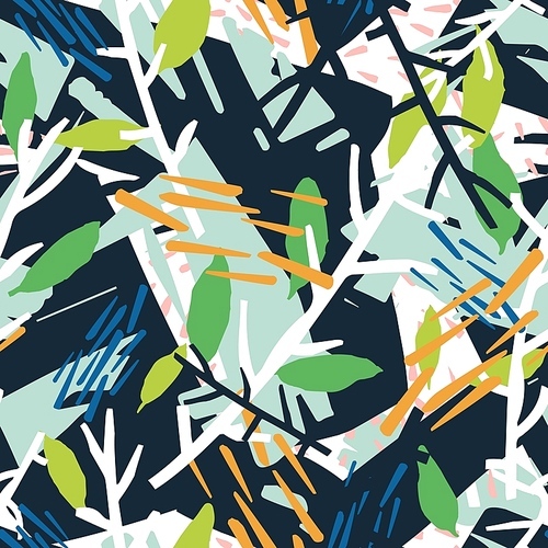 Natural seamless pattern with plant branches and chaotic abstract stains. Backdrop with foliage and paint marks. Modern vector illustration in cool creative style for wrapping paper, textile print