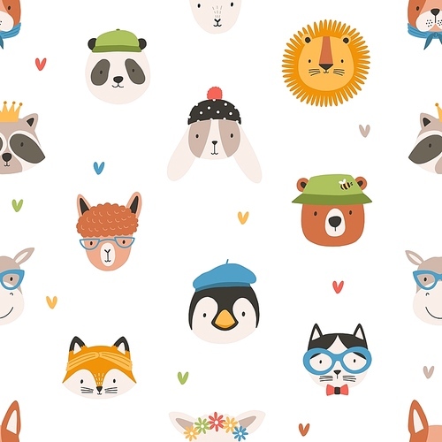 Childish seamless pattern with cute funny faces of adorable animals. Backdrop with happy muzzles on white background. Flat cartoon vector illustration for wrapping paper, textile print, wallpaper