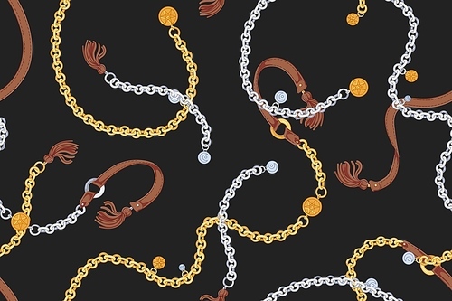 Backdrop with elegant golden and silver chain belts with charms and leather tassels. Horizontal background with trendy luxury accessories. Hand drawn realistic vector illustration in vintage style