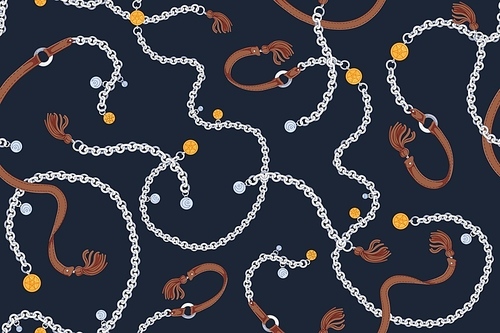 Elegant seamless pattern with stylish silver and golden chain belts decorated by charms and leather tassels on black background. Realistic vector illustration for wrapping paper, textile