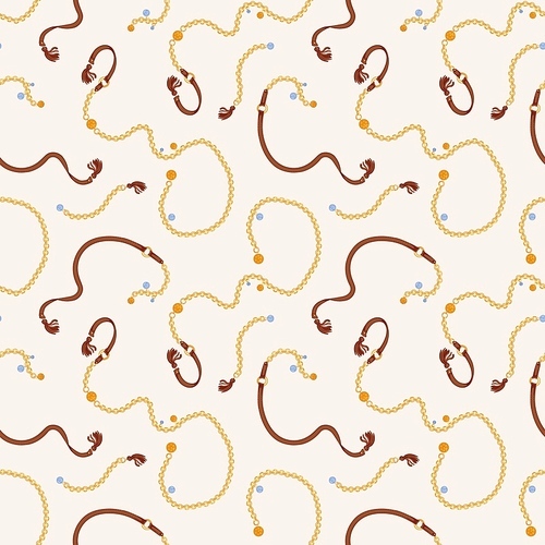 Trendy chain belts vector seamless pattern. Leather tassels with golden metal chain illustration on pastel background. Fashionable female accessory wrapping paper, wallpaper textile design