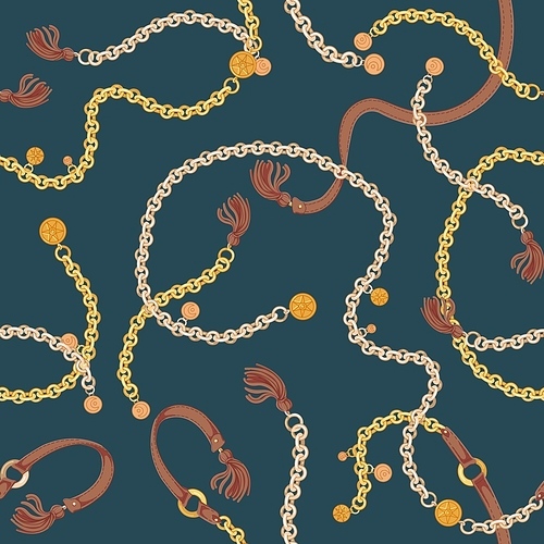 Seamless pattern with stylish chain belts with charms and leather tassels on green background. Backdrop with fashionable accessory. Vector illustration in vintage style for wrapping paper, wallpaper
