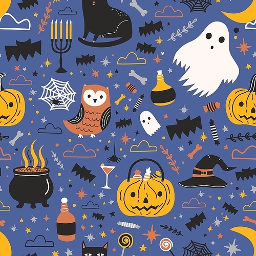 halloween seamless  with funny spooky magic creatures and items on dark background - ghost, jack-o'-lantern, black cat, owl, spider web. flat cartoon vector illustration for textile