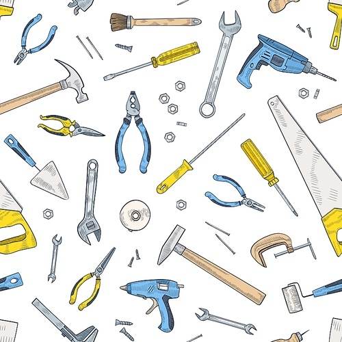 Seamless pattern with manual and powered tools for home repair and maintenance. Backdrop with equipment for handicraft scattered on white background. Realistic vector illustration for wrapping paper
