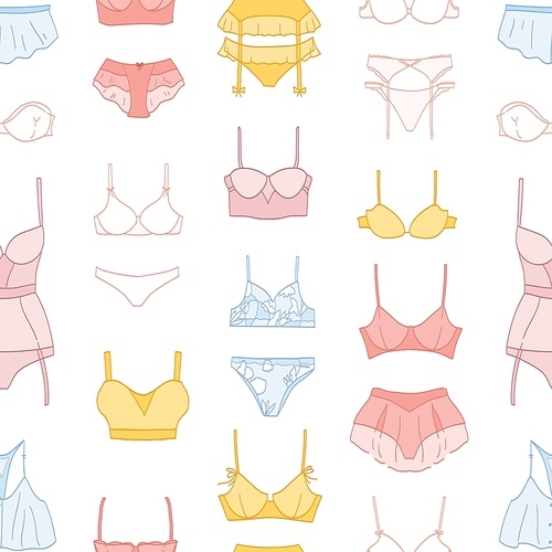 Woman underwear vector seamless pattern. Stylish sexy female bras and panties on white background. Various lingerie, fashionable night clothes for girls wrapping paper, wallpaper textile design