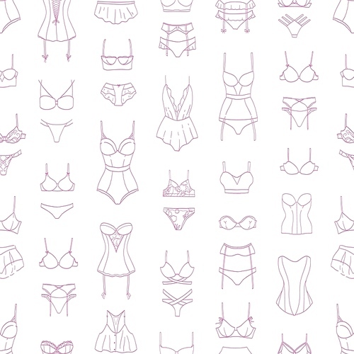 Elegant seamless pattern with lingerie, sleepwear or underwear drawn with contour lines on white background. Backdrop with women's undergarments. Vector illustration in linear style for textile print
