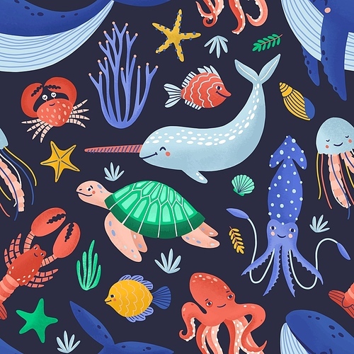 Seamless pattern with happy sea word creatures. Backdrop with underwater fauna or cute ocean animals on dark background. Flat cartoon childish vector illustration for wrapping paper, fabric print