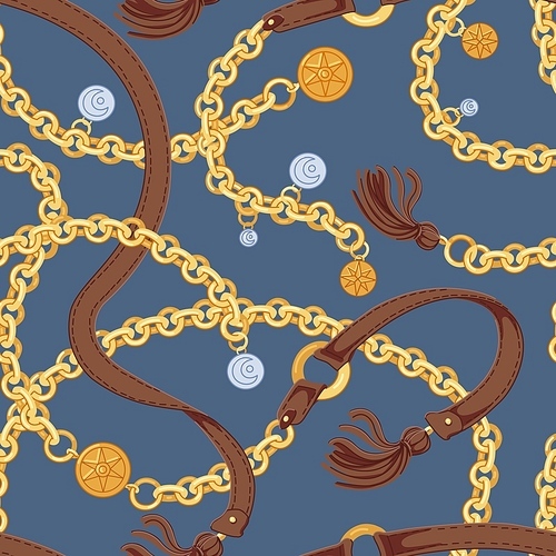 Seamless pattern with trendy chain belts with charms and leather tassels on gray background. Backdrop with stylish luxury accessory. Vector illustration in antique style for textile print, wallpaper