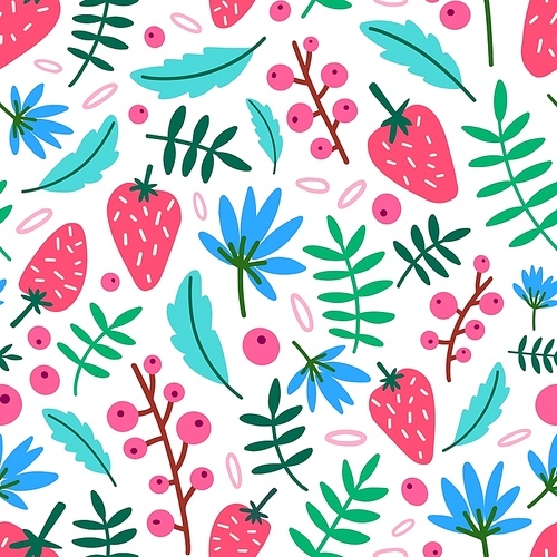 motley seamless pattern with summer strawberries, flowers and leaves on  background. botanical backdrop with ripe wild berries and foliage. flat vector illustration for wrapping paper, wallpaper