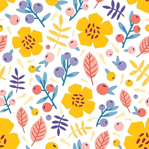 floral seamless pattern with blooming summer meadow plants. botanical backdrop with flowers and berries on  background. flat vector illustration for wrapping paper, textile , wallpaper