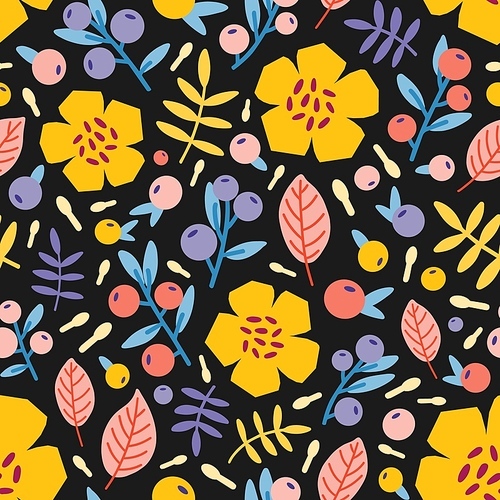 Botanical seamless pattern with summer blooming flowers, berries and leaves on black background. Natural backdrop with flowering plants, wild berries and foliage. Seasonal flat vector illustration