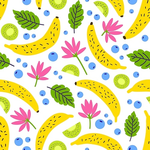 Tropical seamless pattern with fresh exotic fruits, berries, flowers and leaves on white background. Summer backdrop. Flat seasonal vector illustration for wrapping paper, textile , wallpaper