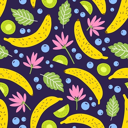 Seamless pattern with tropical blooming flowers and exotic fruits on dark background. Backdrop with bananas, kiwi, blueberries. Flat summer vector illustration for fabric print, wrapping paper