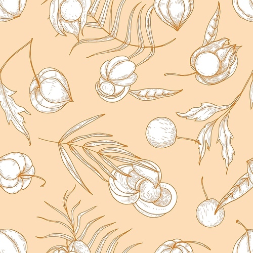 Elegant seamless pattern with fresh ripe guarana and physalis fruits and berries hand drawn with contour lines on orange background. Backdrop with natural superfoods. Monochrome vector illustration