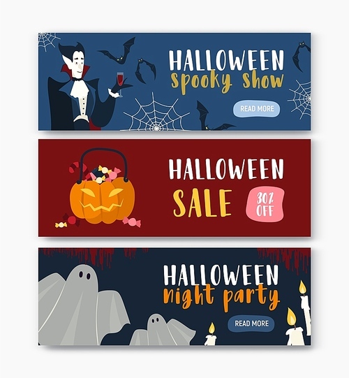 Collection of horizontal holiday web banner templates with Halloween characters - vampire, Jack-o'-lantern, ghost. Vector illustration for party or show announcement, festive sale or discount promo