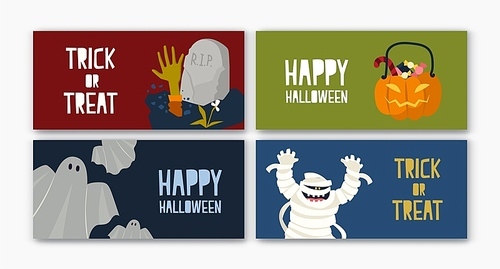 Bundle of horizontal holiday web banner templates with Halloween characters - mummy, Jack-o'-lantern with candies, ghost. Flat cartoon vector illustration for festive celebration, promotion