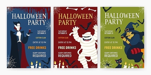 bundle holiday flyer or poster templates with halloween characters - vampire  blood, mummy, witch and cat. vector illustration for party announcement, holiday event advertisement or promo