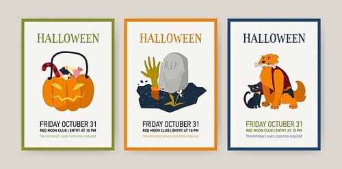 Set of vertical holiday cards or invitation templates with Halloween characters - Jack-o'-lantern with candies, werewolf. Flat festive cartoon vector illustration for event announcement, promotion