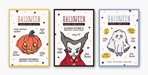 Set of Halloween celebration party invitation, flyer or poster templates with scary spooky characters - Jack-o'-lantern, vampire and ghost. Vector illustration for holiday event announcement, promo
