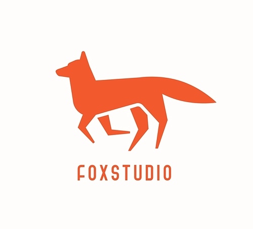 Logotype with silhouette of fox. Trendy geometric logo with wild carnivorous animal. Stylized decorative design element isolated on white . Minimal vector illustration for studio emblem