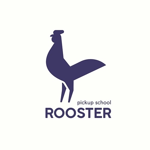 Logotype with silhouette of rooster or cock. Logo with domestic fowl, poultry bird. Geometric decorative design element isolated on white . Simple vector illustration for company brand
