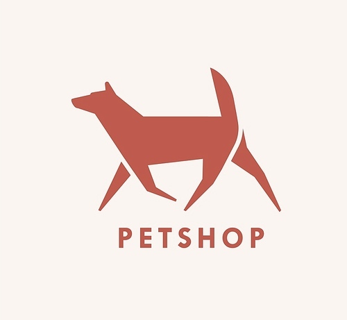Geometric logotype with silhouette of walking dog. Logo with domestic animal. Stylized decorative design element isolated on white . Flat vector illustration for pet shop or store identity
