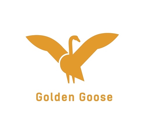 Creative logotype with silhouette of goose. Logo or emblem with domestic poultry bird. Modern decorative design element isolated on white . Monochrome minimal flat vector illustration