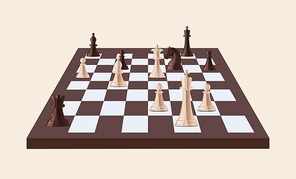Black and white chess pieces on chessboard isolated on light . Strategy game played on checkered board. Leisure activity, competition or tournament. Vector illustration in cartoon style