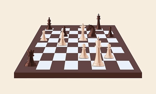 Black and white chess pieces on chessboard isolated on light . Strategy game played on checkered board. Leisure activity, competition or tournament. Vector illustration in cartoon style