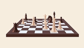 Chequered chessboard with black and white chess pieces on it isolated on light . Strategy game, intelligent hobby activity, competition or tournament. Flat cartoon vector illustration