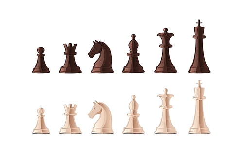 Collection of black and white chess pieces isolated on white . Bundle of figures for strategy board game, leisure activity, mind sport. Colorful vector illustration in cartoon style