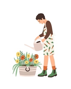 Lovely young smiling woman or gardener taking care of home garden, watering houseplants growing in planters. Portrait of adorable funny girl enjoying her hobby. Flat cartoon vector illustration