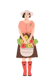 Cute smiling woman in rubber boots holding basket full of blooming flowers. Portrait of happy adorable young girl, florist or gardener isolated on white . Flat cartoon vector illustration