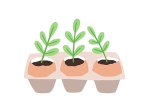 Sprouts or seedlings growing in pots or planters isolated on white . Plant germination and growth, houseplant cultivation, home gardening. Flat cartoon colorful vector illustration